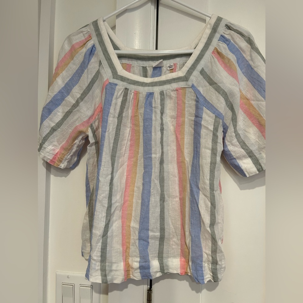 Square Neck Striped Beachy Linen Blend Blouse